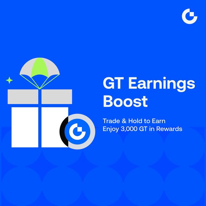 A promotional graphic on a blue background featuring an illustration of a gift box with a parachute and a GT coin, with text reading "GT Earnings Boost - Trade & Hold to Earn, Enjoy 3,000 GT in Rewards." The image visually represents the accompanying post's announcement about earning GT rewards through trading and holding activities.