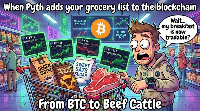 The image features a cartoon man standing next to a shopping cart filled with various items such as meat, milk, and other groceries. The caption of the image reads "When Pyth adds your grocery list to the blockchain, wait. My breakfast is now tradable assets." This humorous statement suggests that the man's grocery list has been added to the blockchain, making his purchases tradable assets in a whimsical way.