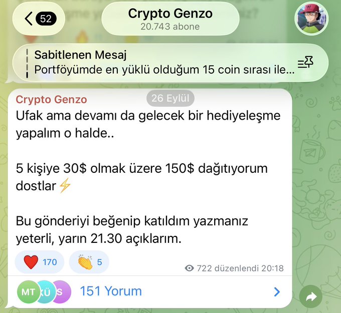 Telegram post from 'Crypto Genzo' in Turkish announcing a giveaway of $30 each to 5 people, asking users to like and comment to participate.