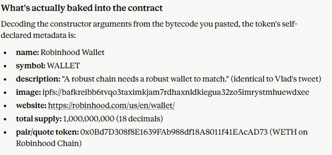 A user is highlighting that despite skepticism about the $WALLET token being a test, analysis of its contract reveals actual branding for "Robinhood Wallet" with ticker "WALLET" and a 1 billion total supply, suggesting it may be more than just a casual test token.