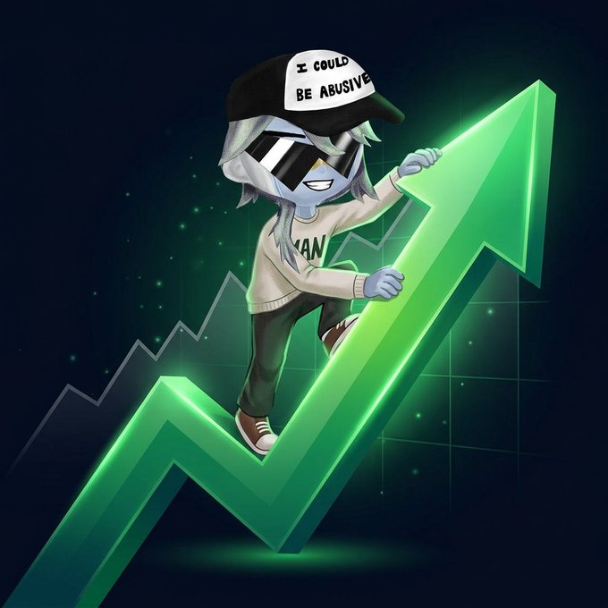 An illustration of a blue cartoon character wearing a cap that says 'I COULD BE ABUSIVE' and a sweatshirt partially reading 'MAN', riding on a large green upward-trending stock chart arrow.