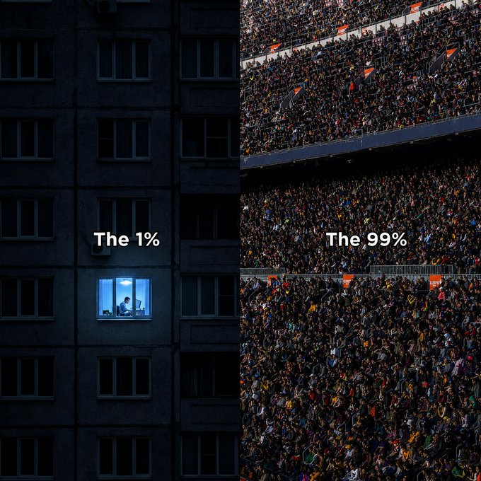A single person works at a lit computer in one window of a dark apartment building labeled "The 1%," contrasting with the right side showing a massive stadium crowd labeled "The 99%." The image starkly visualizes wealth inequality, highlighting how the small privileged minority is elevated above the vast majority of people—reflecting the post's frustration with society calling everyone "lucky" despite such vast disparities.