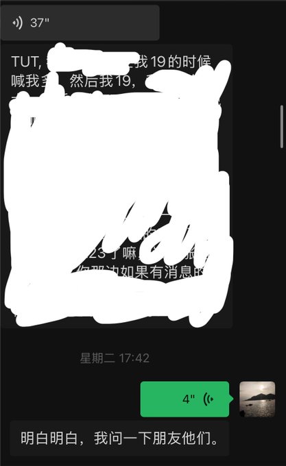 A screenshot of a chat interface in Chinese with large white scribbles covering the main content, showing a 37" audio message at the top, a reply timestamped "星期二 17:42" (Tuesday 17:42), and a message reading "明白明白，我问一下朋友们他们" (Understood, I'll ask my friends).