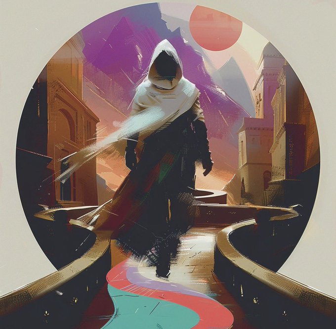 A digital painting of a hooded figure with a white scarf walking through a surreal landscape with mountains, a red moon, and city structures.