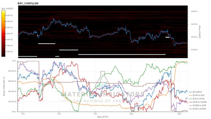 A BTC/USDT 2-week candlestick chart displaying price action alongside a CVD (Cumulative Volume Delta) indicator panel showing normalized order flow across various size buckets (all orders down to $1M+), with the accompanying analysis noting neutral CVD trends, slowed price movement, and quiet accumulation by purple whales (orders in the $100K to $1M range).