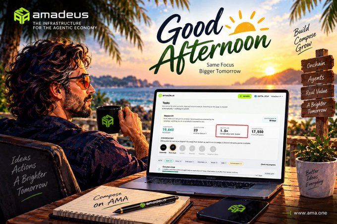 A promotional banner for Amadeus reading 'THE INFRASTRUCTURE FOR THE AGENTIC ECONOMY' featuring a man working on a laptop at sunset with the text 'Good Afternoon' and 'Build Compose Grow' overlaid.