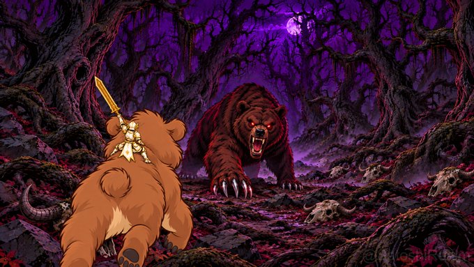 A fantasy illustration depicts a teddy bear wielding a golden sword facing off against a fierce, red-eyed bear in a dark purple forest scattered with skulls under a full moon.