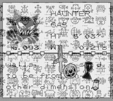 A pixelated black-and-white illustration featuring the text 'HAUNTER', 'SASEYE', and 'walked to be from other dimensions' surrounded by mystical symbols, swords, and pentacles.