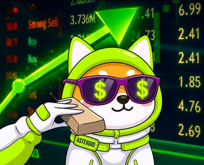 A cartoon Shiba Inu dog in an astronaut suit labeled "ASTEROID" sports dollar-sign sunglasses while holding a phone, set against a backdrop of green stock tickers including "Strong Sell," "Buy," and numbers like 6.99, 2.41, and 3.736M—visually reinforcing the post's theme of $ASTEROID holders receiving over $44,000 in $SPCX rewards.