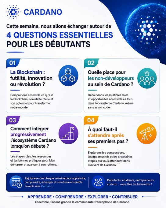 A French-language infographic for Cardano titled '4 QUESTIONS ESSENTIELLES POUR LES DÉBUTANTS,' covering topics like blockchain, non-developers, progressive integration, and expectations for new users.