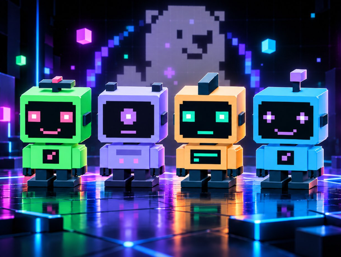 A colorful 3D digital artwork featuring four pixelated/blocky robot characters in green, purple, orange, and blue standing on a reflective neon-lit grid floor, with a large pixel ghost-like figure in the background.