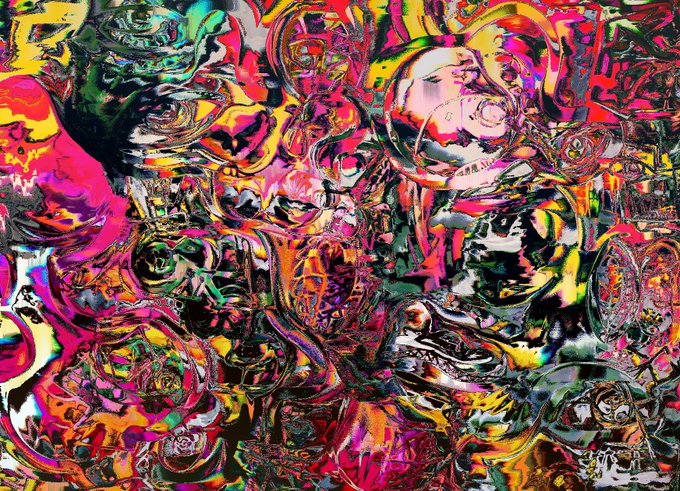 A vibrant, chaotic abstract digital artwork filled with swirling colors of pink, red, yellow, green, and black in distorted, fluid patterns.
