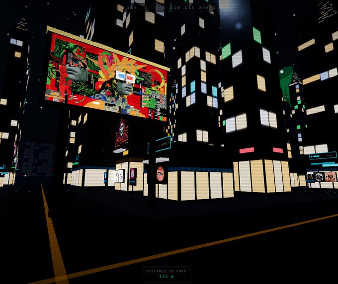 The image shows a 3D rendering of a city street at night, with tall buildings lining both sides. The street has yellow lines down its middle, adding depth and perspective to the scene. A billboard featuring an advertisement for a new movie can be seen in the background, indicating that this is likely a popular tourist destination or entertainment hub within the city center.