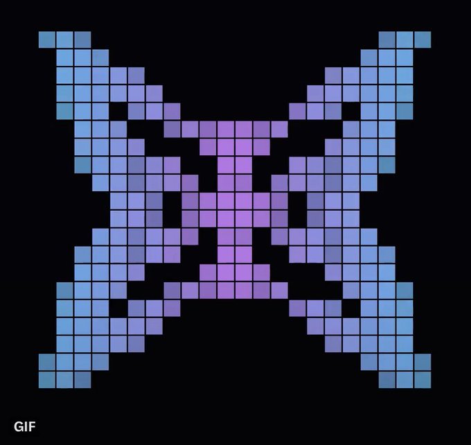 A pixel-art style "X" or cross emblem in shades of blue and purple appears on a black background, with "GIF" labeled in the bottom corner. The accompanying text references a notable drop by @quipnetwork, whose quantum-based QFT digital collectibles are highlighted as a unique alternative to traditionally generated NFT projects.