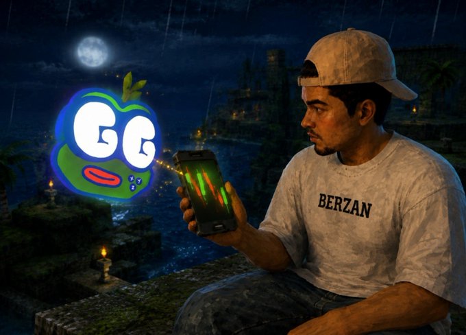 A 3D rendered scene showing a young man wearing a "BERZAN" t-shirt and backwards cap sitting at night, looking at his phone displaying colorful bars, with a cartoon "GG" apple character floating nearby.