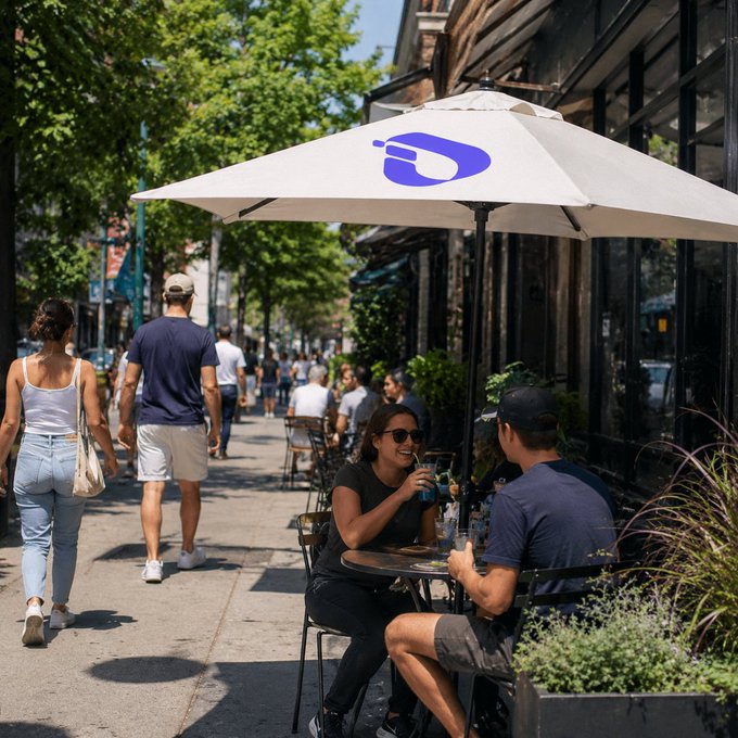 A street scene of people sitting at an outdoor cafe under a white umbrella with a blue logo on a sunny day.