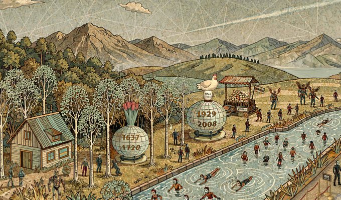A whimsical illustrated landscape features a mountainous scene with a wooden house, trees, and a river where people are swimming. Two large globes/snowglobe-like structures display the dates '1637-1720' and '1929-2008', topped with a tulip and a dove labeled 'PEACE', suggesting references to historical Dutch tulip mania and financial bubbles.