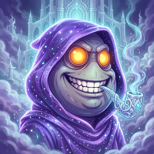 A fantasy digital illustration features a grinning, hooded creature with glowing orange eyes smoking an ornate pipe, set against a backdrop of misty, glowing spires.