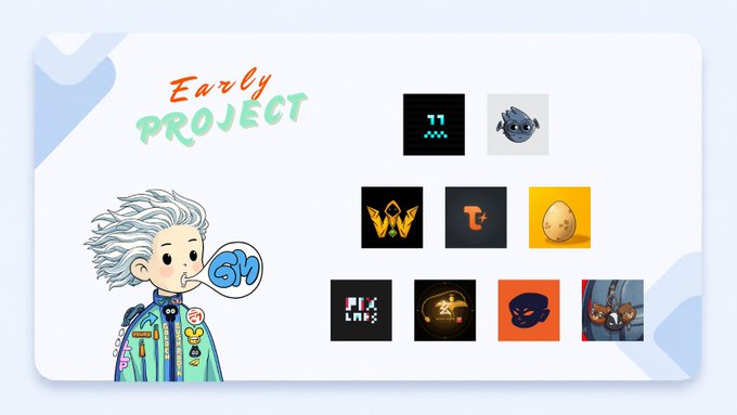 The image features a poster with a cartoon character wearing a blue jacket and holding a microphone. The poster displays various logos and icons related to early NFT projects, such as "Wizzodds" and "Pocket_Dragons". The text on the poster reads "Early Project", indicating that it is promoting an event or project in the NFT space.