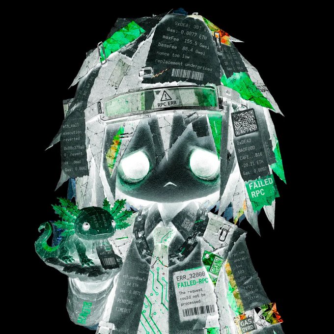 A glitchy, chibi-style figure with glowing eyes is covered in error messages like "FAILED-RPC," "ERR_32008," and "0xDEAD," holding an axolotl in a glitchy digital aesthetic. The image ties to the post by visually echoing the chaotic, uncertain "manifesting" moment of the GTD 4,444 supply launch on ARC, with the "FAILED-RPC" errors symbolizing the risk and turbulence of the speculative crypto gamble the user just entered.