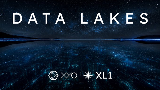 The image features a promotional poster for Data Lakes that showcases a night sky with stars and planets. The text "Data Lakes" is written at the top of the poster, while "XYO Data Lakes are going live." is displayed below it. The phrase "Your data stays in your stack. The proof lives on XYO Layer One, verifiable by anyone, forever." is also present. The image includes a star and planet graphic that reads "XOL1" at the bottom of the poster.