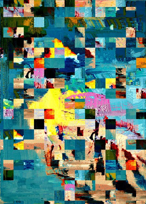 Abstract digital artwork composed of a chaotic grid of colorful pixelated squares in shades of blue, yellow, pink, and orange with painterly textures.
