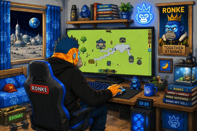 Digital artwork of a gamer with orange fur and blue hair playing a game at a desk surrounded by RONKE-themed merchandise and memorabilia.