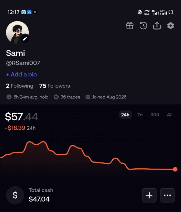 Robinhood-style portfolio profile for “Sami” (@RSami007), showing $57.44, down $18.39 over 24 hours, total cash of $47.04, 2 following, and 75 followers.