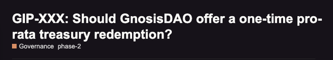 The image shows a governance proposal titled "GIP-XXX: Should GnosisDAO offer a one-time pro-rata treasury redemption?" tagged as "Governance phase-2." It relates to the announcement that the Gnosis DAO treasury redemption (GIP-151) has gone live, providing GNO holders with a portal to redeem their pro-rata share via the shared smart contracts.
