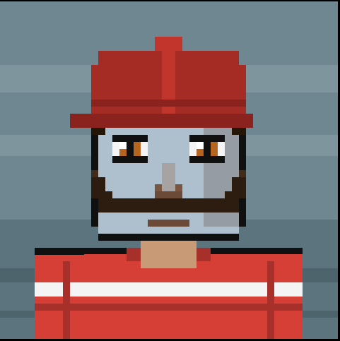 A pixel art character portrait of a man with a beard wearing a red firefighter-style hat and red jacket with reflective stripes.