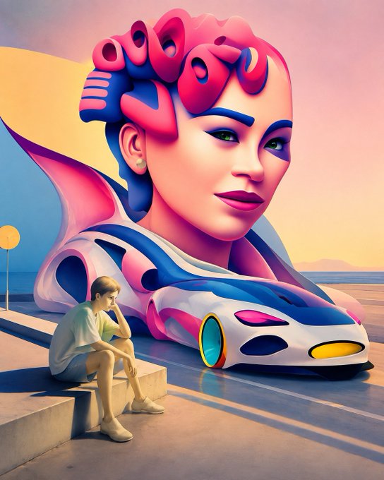 A surreal digital illustration of a person sitting next to a sleek, colorful sports car that morphs into a giant female face against a sunset backdrop.
