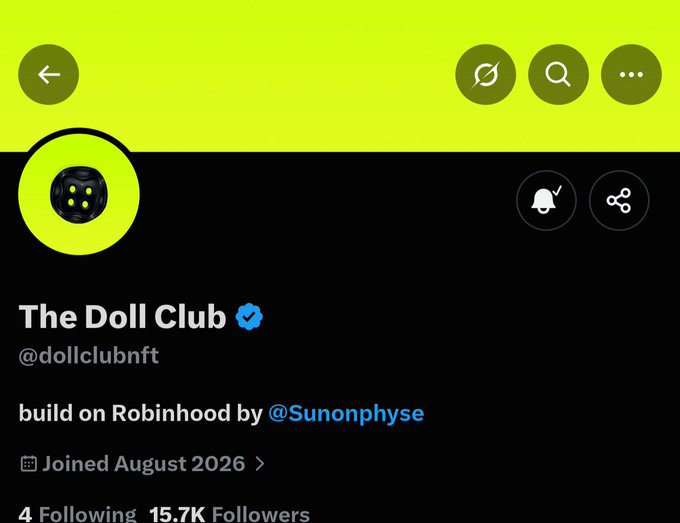 The screenshot displays The Doll Club (@dollclubnft) Twitter/X profile, showing it's built on Robinhood by @Sunonphyse, joined August 2026, with 15.7K followers. The accompanying post announces a collaboration with @dollclubnft, introducing them as the partner account being highlighted for an upcoming Communities collaboration.