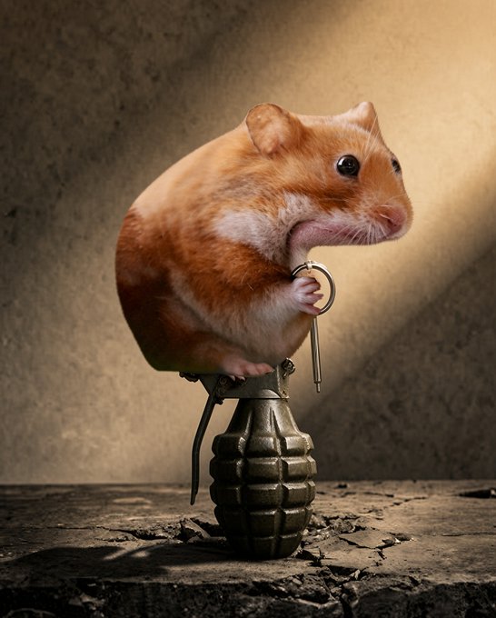 A hyper-realistic illustration of a small orange and white hamster perched atop a hand grenade, holding the pull ring with its paw in a dimly lit setting.