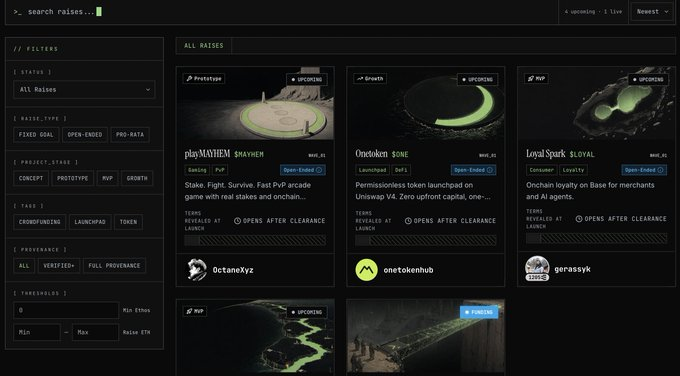 A dark-themed web interface shows cryptocurrency project raises, including playMAYHEM by SHAYHEIM, Onchain SON£ by one tokenhub, and Loyal Spark ($LOYAL) by gerassylk, all marked as "UPCOMING".