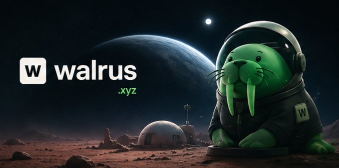 A green cartoon walrus wearing an astronaut suit and helmet sits on a Martian-like landscape with a moon base and large planet in the background, alongside the "walrus.xyz" logo. The whimsical, sci-fi imagery reflects the post's announcement of "Walrus Sessions 7" and its "Prompt Jam" event, where community prompts are handed back to be tested in real builds—echoing the adventurous, exploratory theme of trying out prompts in production environments.