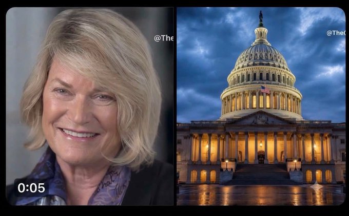 A split image showing a smiling blonde woman on the left and the illuminated U.S. Capitol building at dusk on the right, with a timestamp of "0:05".