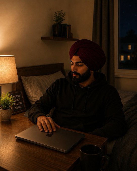 A man wearing a maroon turban and black hoodie sits at a wooden nightstand using a MacBook, with a 'FOCUS BUILD BELIEVE REPEAT' sign and a warm lamp in the dimly lit bedroom.