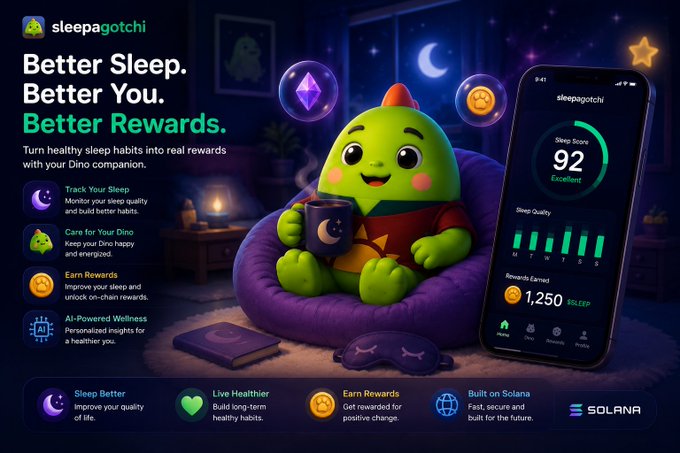 Promotional image for the 'sleepagotchi' app on Solana, featuring a green dinosaur-like creature holding a mug, alongside a phone displaying a Sleep Score of 92.