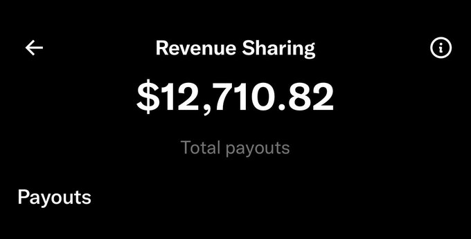 A screenshot of a Revenue Sharing dashboard displaying $12,710.82 in total payouts, supporting the post's claim of earning $12k through engagement-based payouts on Solana.