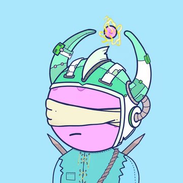 A cartoon illustration of a character wearing a green horned helmet with a small floating smiley face emoji above it, set against a light blue background.