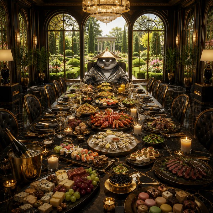 A lavish banquet table overflows with an opulent feast of lobster, oysters, sushi, cheeses, and fine wines, presided over by a figure in a conical hat seated at the head. The image perfectly mirrors the post's message of abundant success shared with others—celebrating how lifting yourself up creates a "table big enough" for your entire circle to feast at, embodying the spirit of winning together.