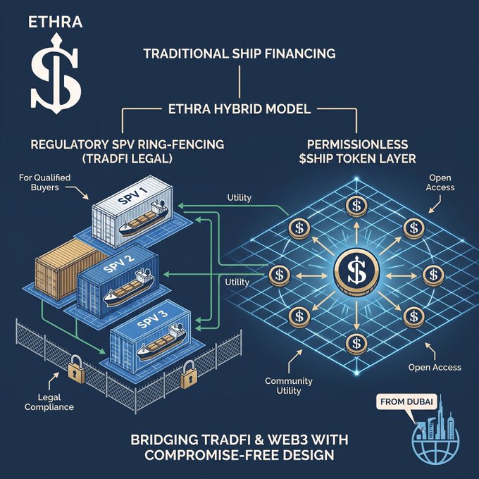 Infographic for ETHRA's hybrid ship financing model, showing 'ETHRA HYBRID MODEL' with Regulatory SPV Ring-Fencing for TradFi and a permissionless $SHIP token layer bridging TradFi & Web3, noted as 'FROM DUBAI'.