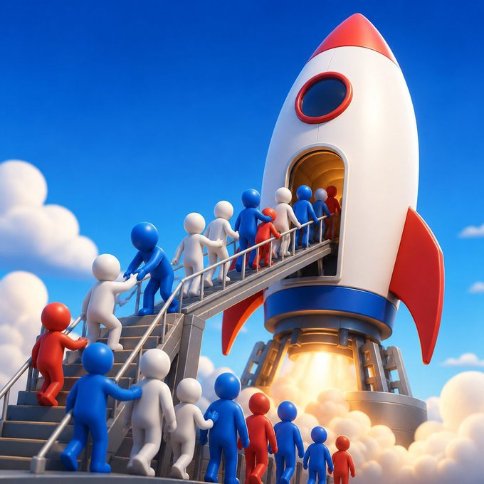 A 3D illustration of stylized red, white, and blue figures boarding a launching rocket via a staircase against a cloudy blue sky.