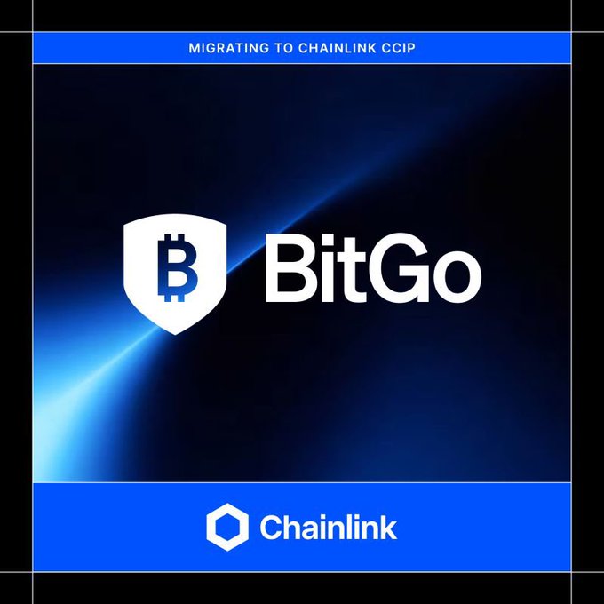 A graphic announcing BitGo 'MIGRATING TO CHAINLINK CCIP', featuring the BitGo logo with a Bitcoin shield and the Chainlink logo on a blue background.