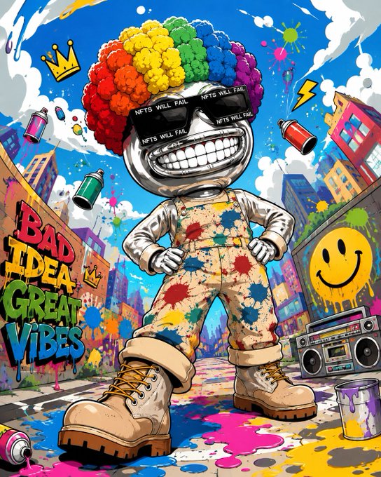A cartoon clown character with a rainbow afro and sunglasses reading 'NFTS WILL FAIL' stands on a colorful street, with graffiti saying 'BAD IDEA GREAT VIBES' and a boombox nearby.
