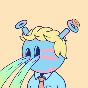 A cartoon illustration depicts a blue creature with a blonde tuft of hair, pink stripes, and antennae, shown with water shooting out of its eyes against a peach background.