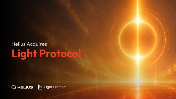 The image features a large yellow circle with lines radiating outwards against an orange backdrop. The caption states that Helius has acquired ZK cryptography R&D shop Light Protocol, which provides full-time access for the team's focus on Solana privacy initiatives.