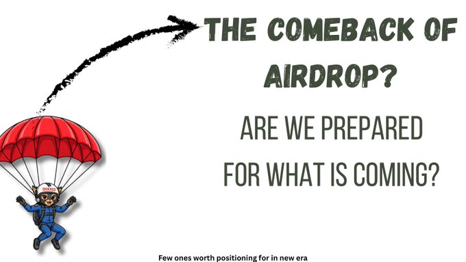The image features a cartoon skydiver under a red parachute, accompanied by the text "THE COMEBACK OF AIRDROP? ARE WE PREPARED FOR WHAT IS COMING?" and a tagline noting "Few ones worth positioning for in new era." It visually frames the post's discussion about recent airdrop successes (Pharos, Arcium, Blend) and upcoming high-profile projects like Arc Blockchain ($222M, a16z crypto), Ritual ($25M, Polychain), and Seismic ($17M) as potential positioning opportunities before these "parachutes drop."