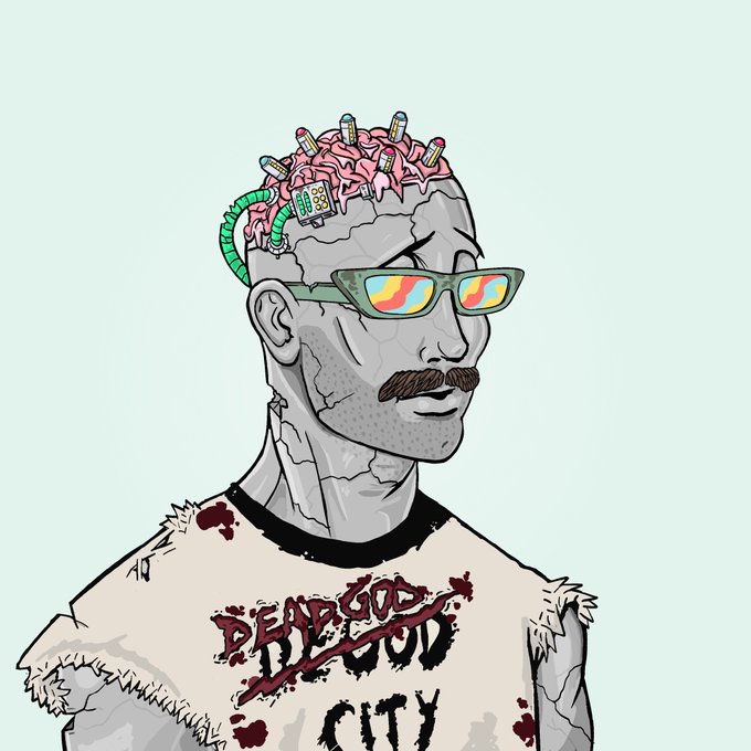 A cartoon illustration depicts a gray, cracked robot-like figure with a mustache, wearing sunglasses and a shirt reading 'DEAD GOD CITY', with an exposed brain covered in computer chips.