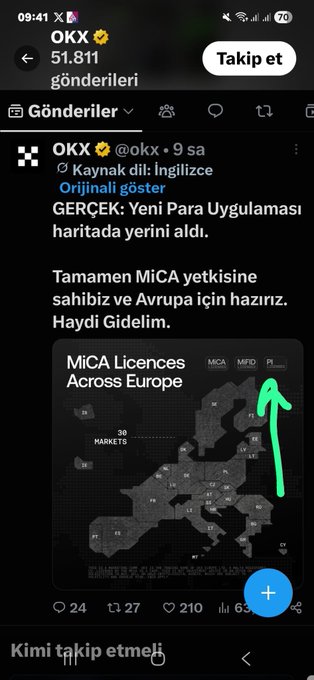 A Twitter/X post from OKX (@okx) showing a tweet about MiCA Licences Across Europe, featuring a map of 30 markets across the EU with 2 highlighted (MCA and MiFID PR).